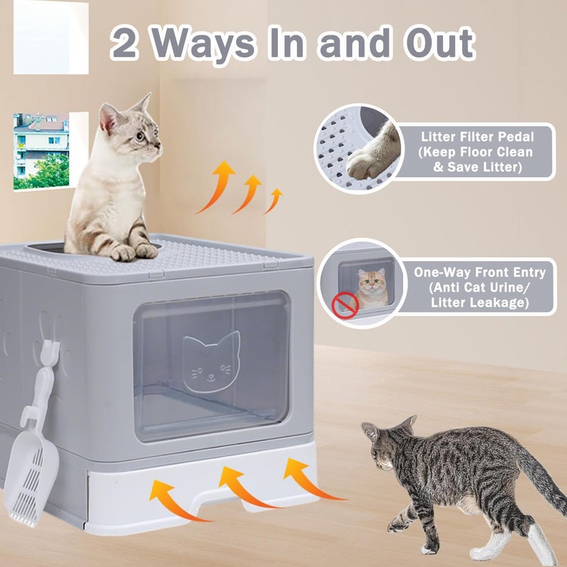NeoStyle Cat Litter Box，Foldable Extra Large Free in and Out/One-Way Liiter Box with Lid, Drawer Type Enclosed Kitty Litter Box,Cat Box with Scoop, Odor Control, Easy to Clean (Grey Square Door) - Image 3