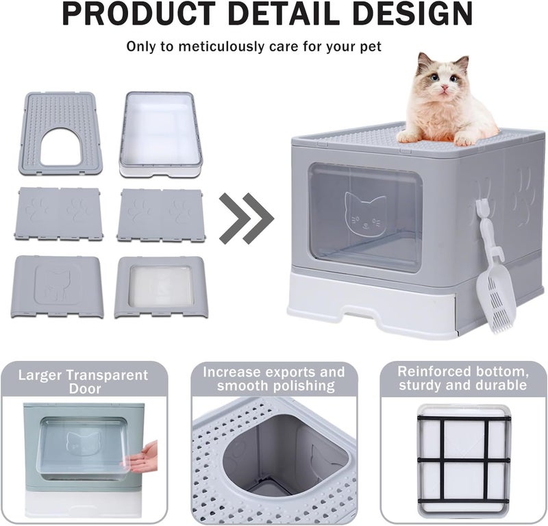 NeoStyle Cat Litter Box，Foldable Extra Large Free in and Out/One-Way Liiter Box with Lid, Drawer Type Enclosed Kitty Litter Box,Cat Box with Scoop, Odor Control, Easy to Clean (Grey Square Door) - Image 5