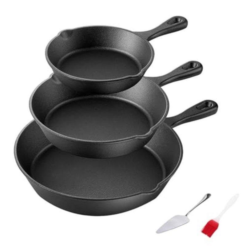 3-Piece Cast Iron Frying Pan Set 6.9"/8.5"/10" Skillets for Kitchen, Stove and Outdoor Cooking Non-Stick, Pre-Seasoned + Free Oil Brush and Spatula - Image 1