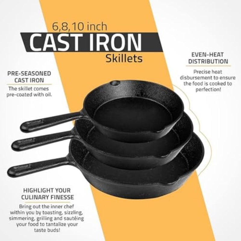 3-Piece Cast Iron Frying Pan Set 6.9"/8.5"/10" Skillets for Kitchen, Stove and Outdoor Cooking Non-Stick, Pre-Seasoned + Free Oil Brush and Spatula - Image 5