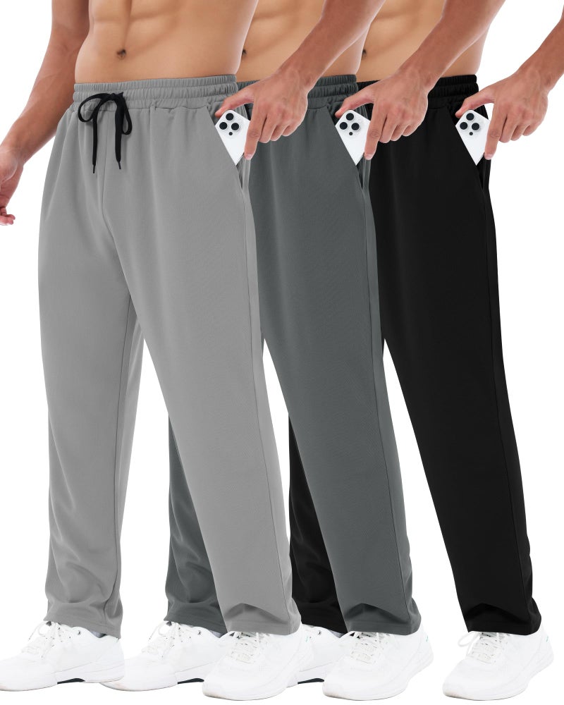 BOOJO 3 Pack Mens Sweatpants with Pockets - Mesh Open Bottom Athletic Joggers for Men Loose Fit Gym Workout Running Casual Pants - Image 1