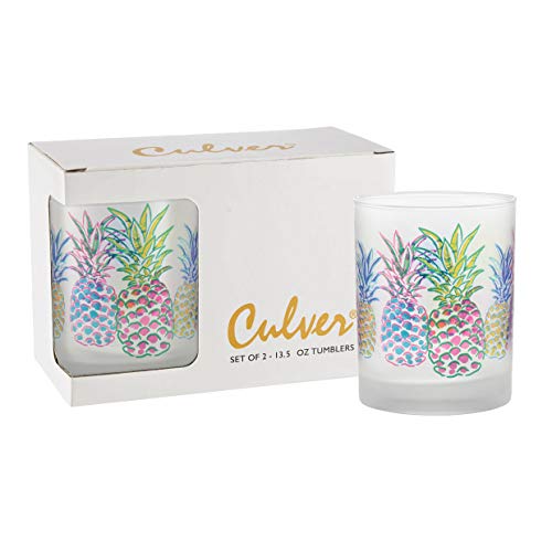 Culver Tropical Decorated Frosted Double Old Fashioned Tumbler Glasses, 13.5-Ounce, Gift Boxed Set of 2 (Pop Art Pineapples) - Image 1