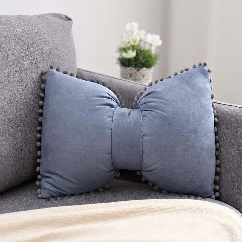 YDBDAT Boho Decorative Throw Pillow Covers with Pom Poms Soft Velvet Pillow Cases Bow Lumbar Pillow Covers 14 x 20 Cushion Case for Bed Couch Living Room Decor Dusty Blue - Image 1