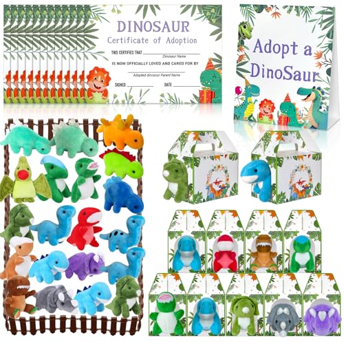 Gaiaring 63 Pcs Adopt a Dinosaur Pet Party Favors Include 20 Mini Dinosaur Stuffed Animals 20 Foldable Boxes 20 Cards 1 Adopt Sign 1 Fence for Adopt a Pet Party 63Pcs Dinosaur - Image 1