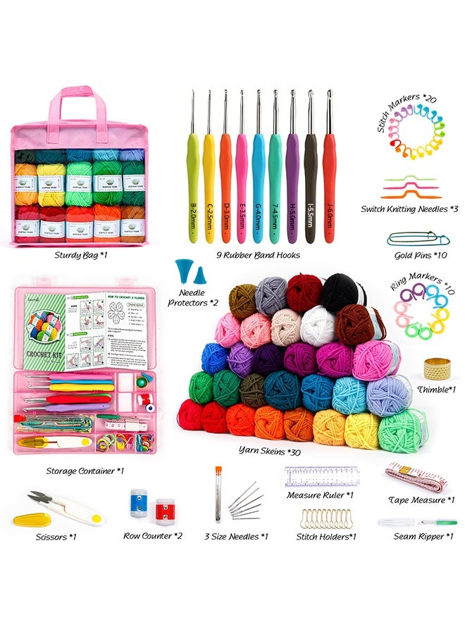 WALALLA Complete Crochet Starter Kit with 30 Color Yarn Set - All-in-One Beginner Bundle with Hooks, Tutorial & Pink Storage Bag, Perfect for Amigurumi & DIY Projects - Image 2