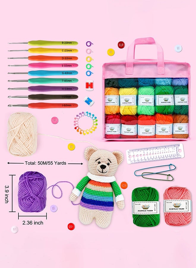 WALALLA Complete Crochet Starter Kit with 30 Color Yarn Set - All-in-One Beginner Bundle with Hooks, Tutorial & Pink Storage Bag, Perfect for Amigurumi & DIY Projects - Image 3
