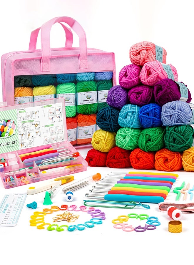 WALALLA Complete Crochet Starter Kit with 30 Color Yarn Set - All-in-One Beginner Bundle with Hooks, Tutorial & Pink Storage Bag, Perfect for Amigurumi & DIY Projects - Image 1