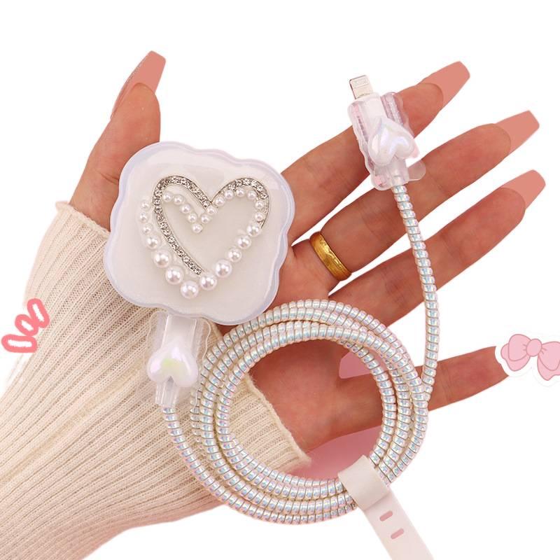 20W Charger Head and Cable End Protector Set with Cute Style in Pearl - Image 1