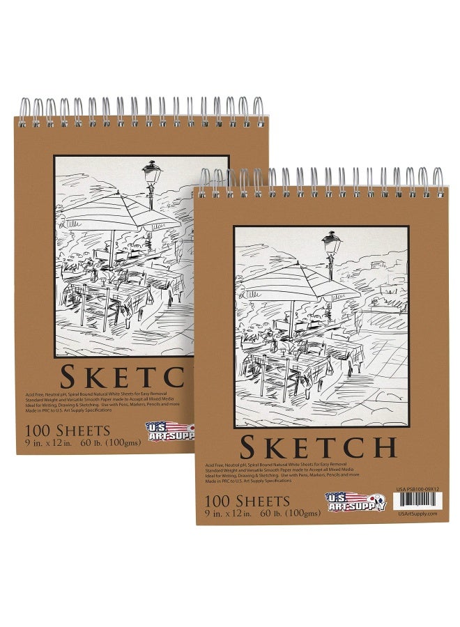 US Art Supply 9x12 Top Spiral Bound Sketch Book 2 Pack 100 Sheets Each 60lb 100gsm AcidFree Artist Sketchbook Drawing Pad for Adults Students - Image 1