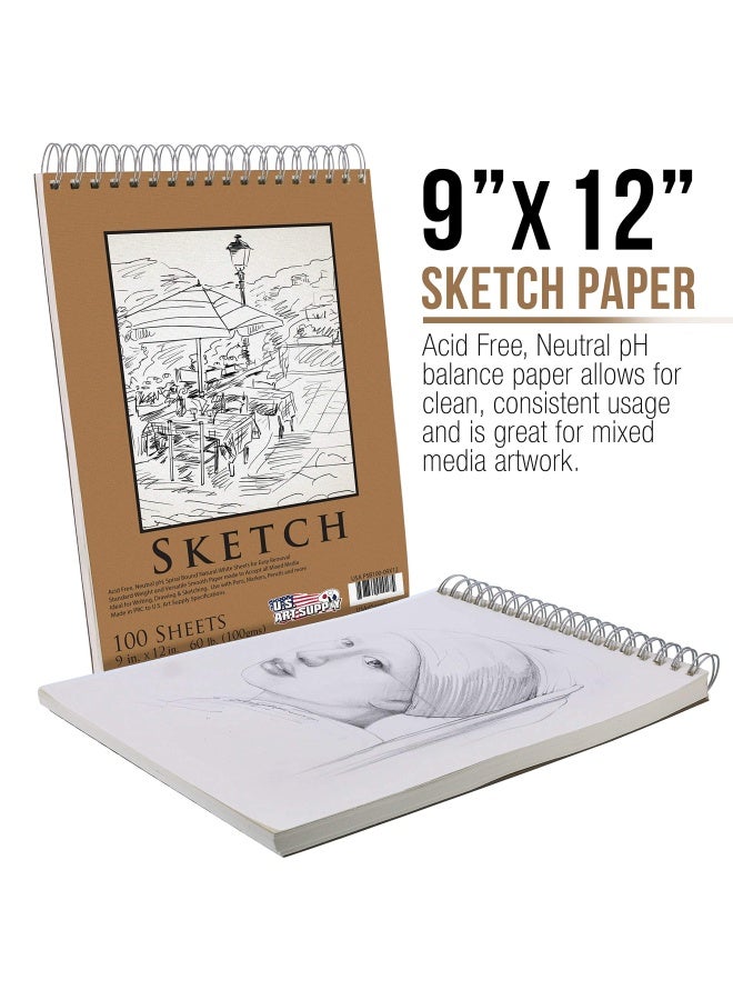 US Art Supply 9x12 Top Spiral Bound Sketch Book 2 Pack 100 Sheets Each 60lb 100gsm AcidFree Artist Sketchbook Drawing Pad for Adults Students - Image 2