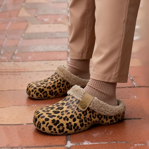 ChayChax Women and Men Fur Lined Clogs Memory Foam Warm Fuzzy Slippers Winter Waterproof Indoor Outdoor Slipper, Leopard Print, 6-7 Women/5-6 Men - Image 3