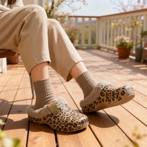 ChayChax Women and Men Fur Lined Clogs Memory Foam Warm Fuzzy Slippers Winter Waterproof Indoor Outdoor Slipper, Leopard Print, 6-7 Women/5-6 Men - Image 2