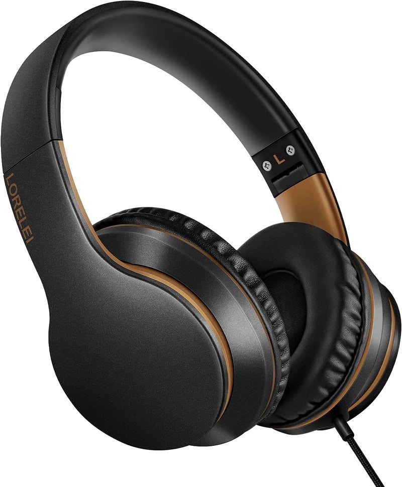 LORELEI X6 Over-Ear Headphones With Microphone, Lightweight Foldable & Portable Stereo Bass With 1.45M No-Tangle Wired for Smartphone Tablet MP3/4 (Black-Gold) - Image 1