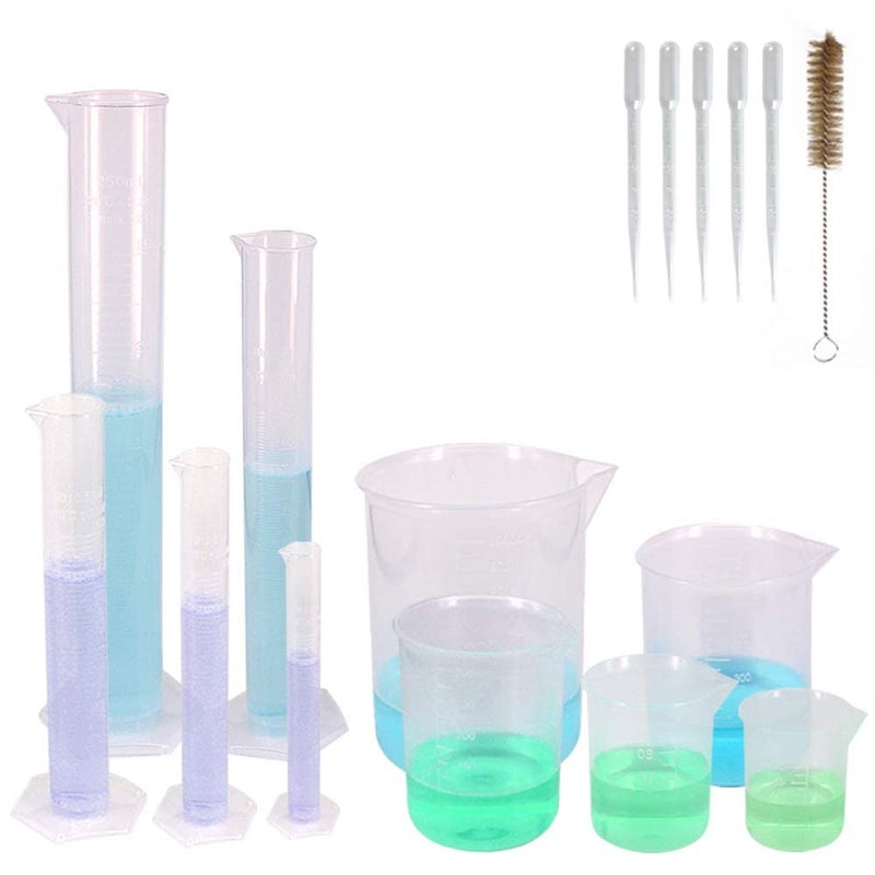 SPYLX Plastic Lab Equipment Kit Including 102550100250ml Measuring Cylinders 501002505001000ml Measuring Beakers One Piece of Small Cleaning Brush and 5pcs of Plastic Droppers - Image 1