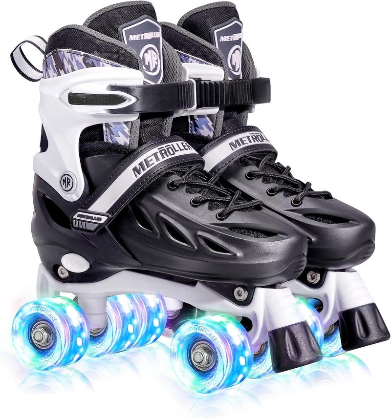 METROLLER Roller Skates for Girls Ages 5-8 8-12 and Boys Teens, Adjustable 4 Sizes for Kids Toddler Rollerskates with Light up Wheels, for Women (Black, XLarge-Youth & Adult (7-10Men/8-11Women)) - Image 1