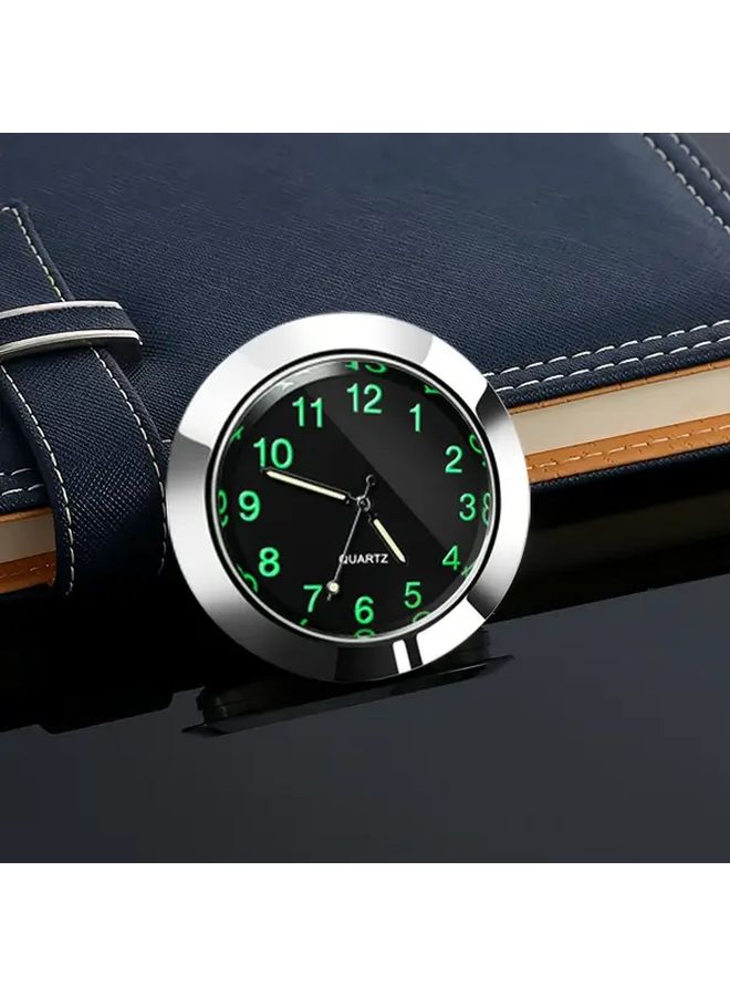 1pc Mini Silver Round Car Clock Dashboard Decorative Night Light Battery Powered Analog Clock With Luminous Hands For All Vehicles Interior Accessory - Image 1