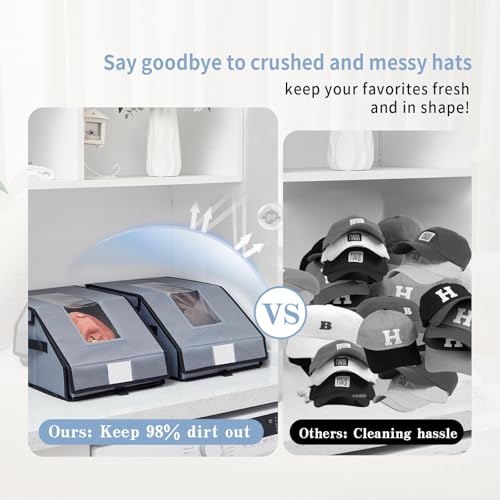 Frlanse 2 PCS Hat Organizer for Baseball Caps, Holds up to 26 Caps hat storage with Drawer, Clear Window, Stackable Oxford Fabric Hat Holder for Closet , Dust-Proof Hat Boxes for Home, Cap Lovers - Image 5