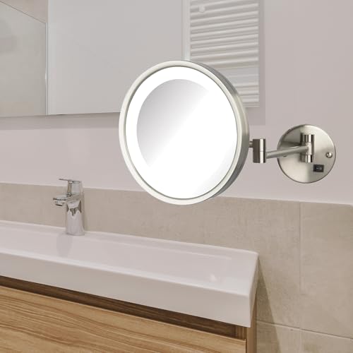 JERDON Lighted Makeup Mirror - Hard Wired Wall Mount Magnifying Mirror with LED Lights - Brushed Nickel Finish - 9.5-Inch Diameter - Model HL1016NLD - Image 5