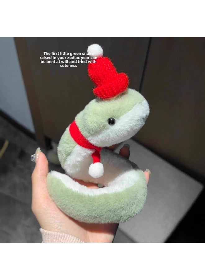 2025 Year Of The Snake Mascot Doll Cyber Celebrant Plush Toy Snake Doll Wrap Cute Doll Pendant-Color: Little Green Snake + Red Hat + Pure Red Scarf (ready Stock, Upgraded Velvet, Soft And Waxy Feel)  - Image 1