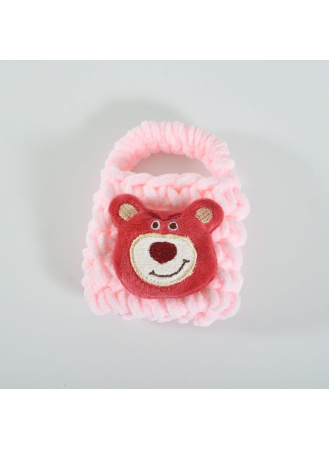 Pink Cute Cyber Red Bear Lion Wake Flower Plush Hand-woven Drop-resistant Headphone Bag Bluetooth Headphone Protective Cover Finished Product-Color:Little Strawberry Bear  - Image 1