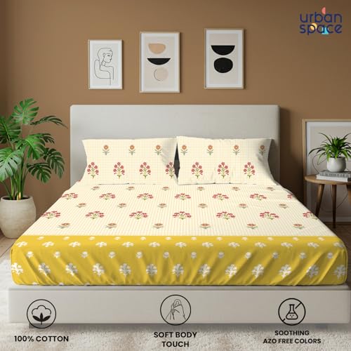 Urban Space 144 TC Divine 100% Cotton Bedsheet for Double Bed with 2 Pillow Covers, Queen Bedsheet (Size 90 x 100 inches, Magnolia Yellow, Double) - Image 2