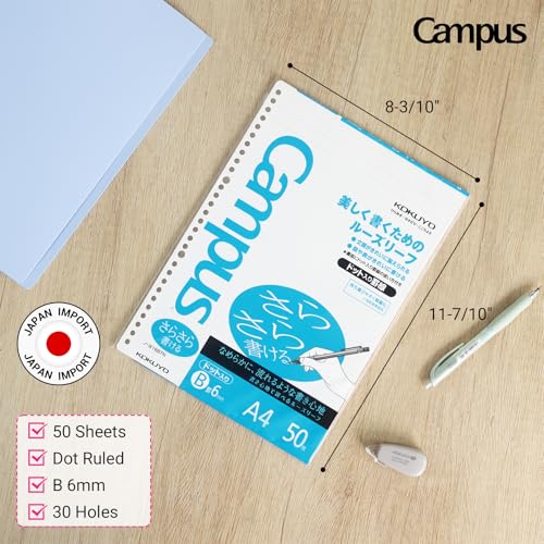 Kokuyo Campus Loose Leaf Paper, A4 Filler Paper with B 6mm Dot Ruled, 50 Sheets 75 GSM Sarasara Smooth Writing, 30 Holes, 11-3/4"x8-1/4” Binder Notebook Bleed Resistant Paper. Japan Import (NO-816BTN) - Image 2