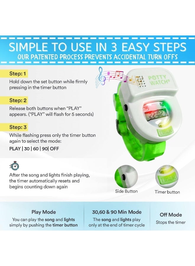 POTTY TIME Potty Watch for Kids Potty Training - Potty Training Watch with 3 Fun Flashing Lights and Music - Water-Resistant Watch - Potty Watch Remind Kids Every 30, 60 or 90 Minutes - Green - Image 3