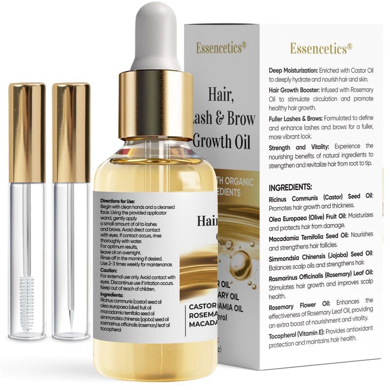 Essencetics Castor Oil Organic Cold Pressed Unrefined Glass Bottle Eyebrow Eyelash Growth Serum HexaneFree Pure Rosemary Macadamia Infused Oils for Hair and Scalp Growth Natural Brow Lash Oil 2oz - Image 2