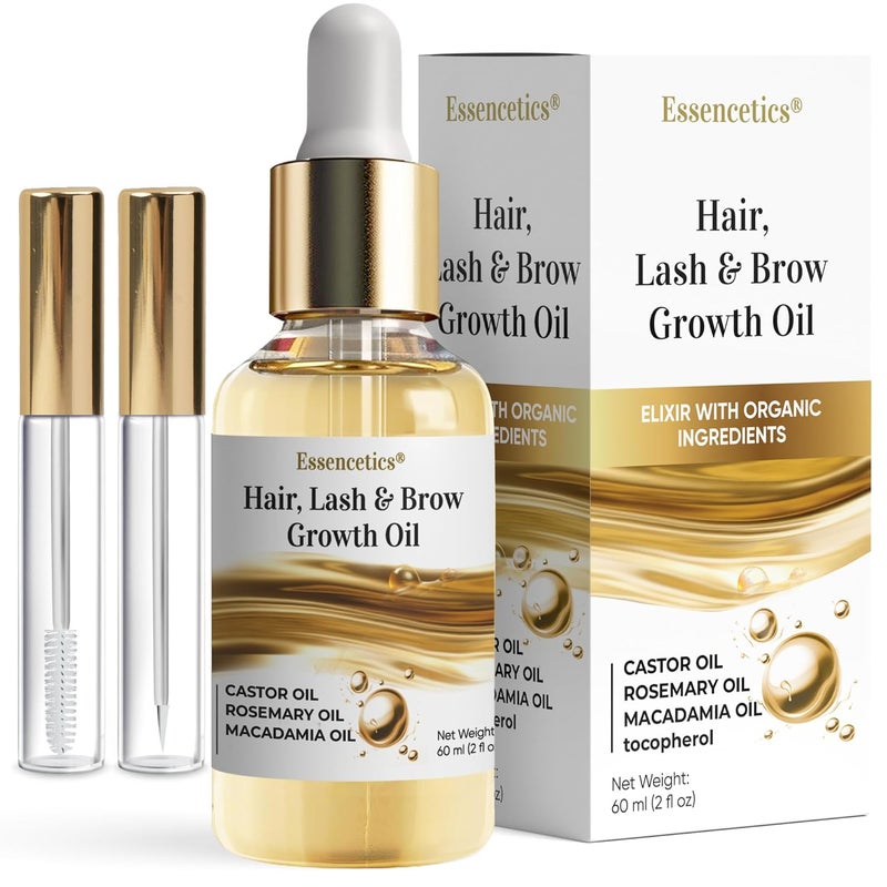 Essencetics Castor Oil Organic Cold Pressed Unrefined Glass Bottle Eyebrow Eyelash Growth Serum HexaneFree Pure Rosemary Macadamia Infused Oils for Hair and Scalp Growth Natural Brow Lash Oil 2oz - Image 1