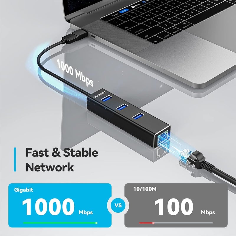 TECKNET محول USB C إلى Ethernet، محور USB 3.0 من الألمنيوم 3 منافذ مع محول RJ45 10/100/1000 جيجابت إيثرنت لمحول الشبكة السلكية للكمبيوتر المحمول - Image 2
