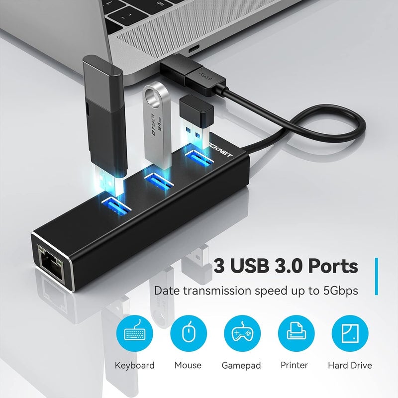 TECKNET محول USB C إلى Ethernet، محور USB 3.0 من الألمنيوم 3 منافذ مع محول RJ45 10/100/1000 جيجابت إيثرنت لمحول الشبكة السلكية للكمبيوتر المحمول - Image 4