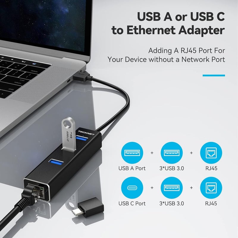 TECKNET محول USB C إلى Ethernet، محور USB 3.0 من الألمنيوم 3 منافذ مع محول RJ45 10/100/1000 جيجابت إيثرنت لمحول الشبكة السلكية للكمبيوتر المحمول - Image 3