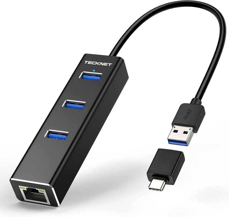 TECKNET محول USB C إلى Ethernet، محور USB 3.0 من الألمنيوم 3 منافذ مع محول RJ45 10/100/1000 جيجابت إيثرنت لمحول الشبكة السلكية للكمبيوتر المحمول - Image 1