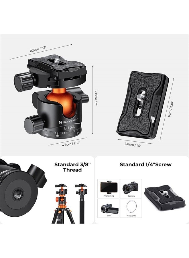 K&F Concept رأس كرة ثلاثي القوائم معدني بقطر 32 مم دوران 360 درجة بانورامي مع لوحة تحرير سريعة 1/4 بوصة مستوى فقاعة لكاميرا أحادية القوائم وكاميرا فيديو سعة تحميل تصل إلى 26.4 رطل/12 كجم - Image 4