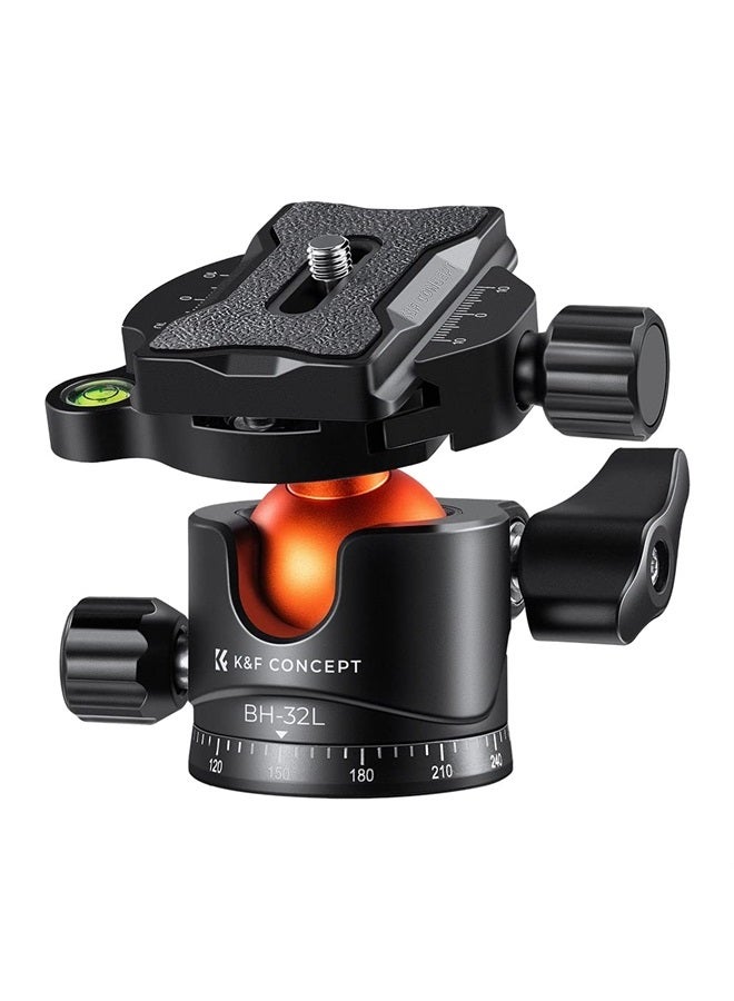 K&F Concept رأس كرة ثلاثي القوائم معدني بقطر 32 مم دوران 360 درجة بانورامي مع لوحة تحرير سريعة 1/4 بوصة مستوى فقاعة لكاميرا أحادية القوائم وكاميرا فيديو سعة تحميل تصل إلى 26.4 رطل/12 كجم - Image 1
