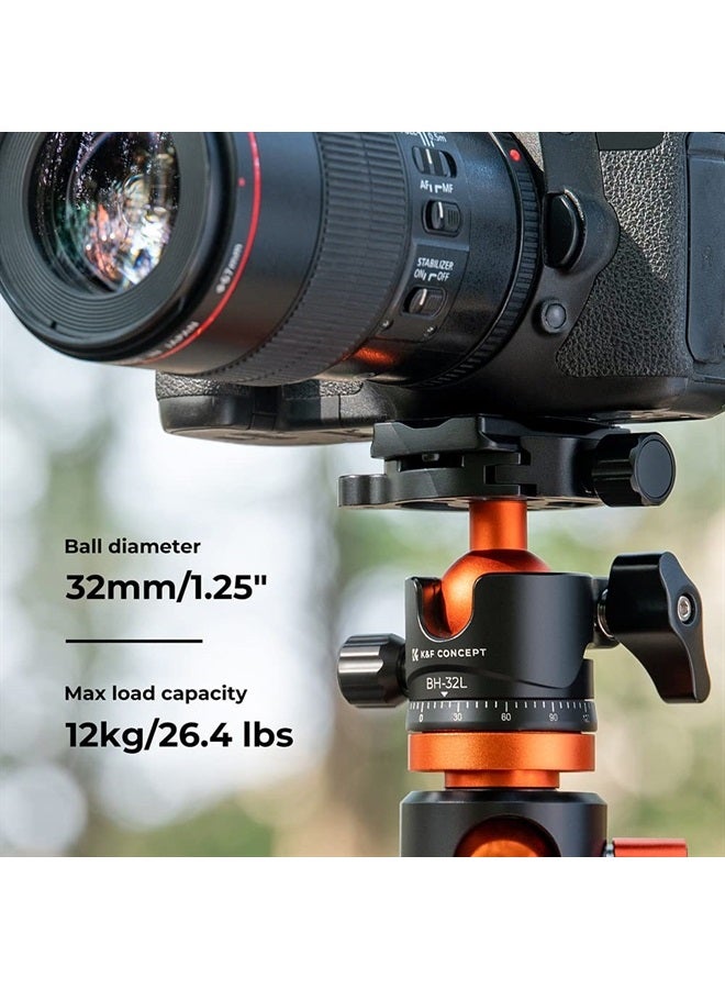 K&F Concept رأس كرة ثلاثي القوائم معدني بقطر 32 مم دوران 360 درجة بانورامي مع لوحة تحرير سريعة 1/4 بوصة مستوى فقاعة لكاميرا أحادية القوائم وكاميرا فيديو سعة تحميل تصل إلى 26.4 رطل/12 كجم - Image 3