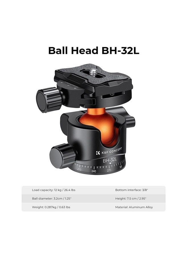 K&F Concept رأس كرة ثلاثي القوائم معدني بقطر 32 مم دوران 360 درجة بانورامي مع لوحة تحرير سريعة 1/4 بوصة مستوى فقاعة لكاميرا أحادية القوائم وكاميرا فيديو سعة تحميل تصل إلى 26.4 رطل/12 كجم - Image 2