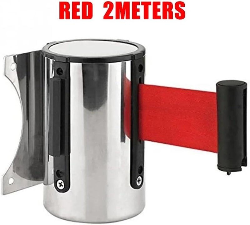 حاجز قابل للسحب من الفولاذ المقاوم للصدأ مثبت على الحائط، قسم طابور بحزام 2 متر أحمر للتحكم في الحشود - Image 5