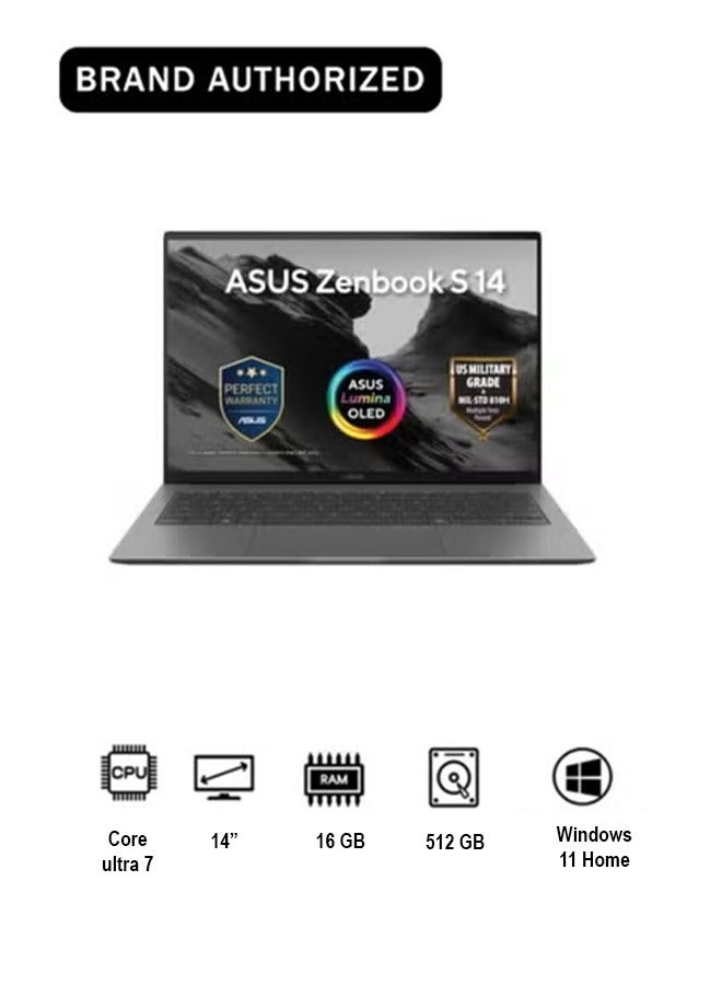 أسوس Zenbook S 14 14-inch display with 16 GB RAM/512 Gigabyte Storage/Intel Core Ultra 7 256V/Zumaia Gray/UX5406SA-QJ622W/Windows 11 Home English/Arabic Zumaia Gray - Image 1