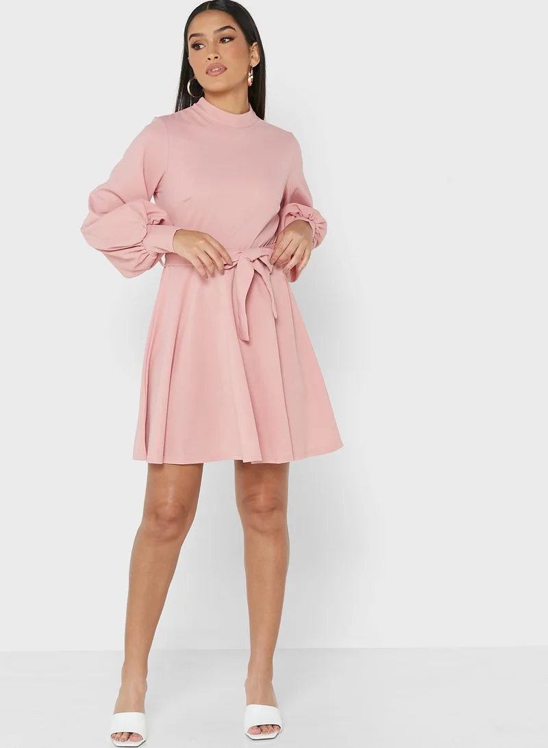 boohoo High Neck Belt Detail Skater Dress