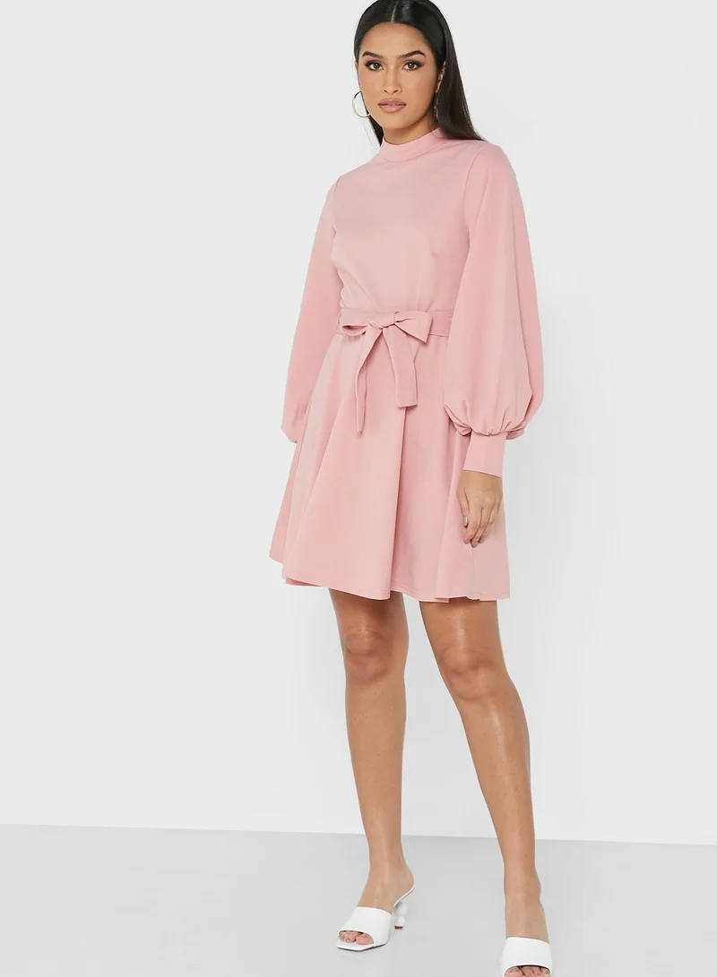 boohoo High Neck Belt Detail Skater Dress