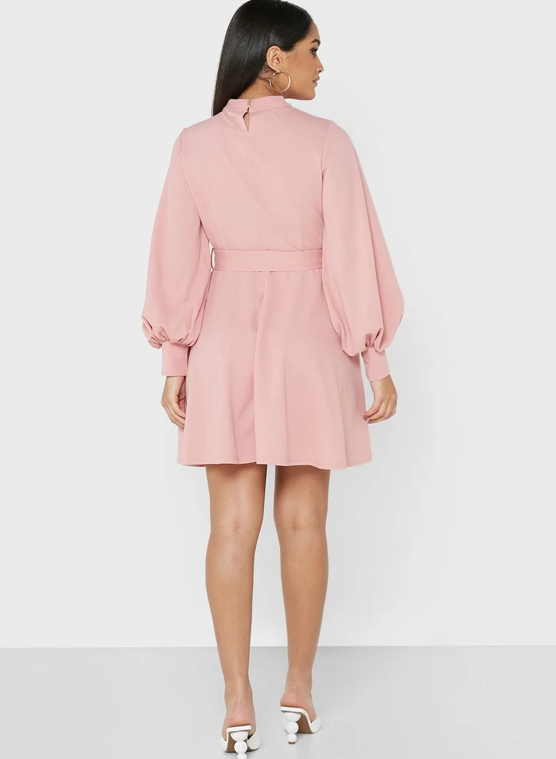 boohoo High Neck Belt Detail Skater Dress