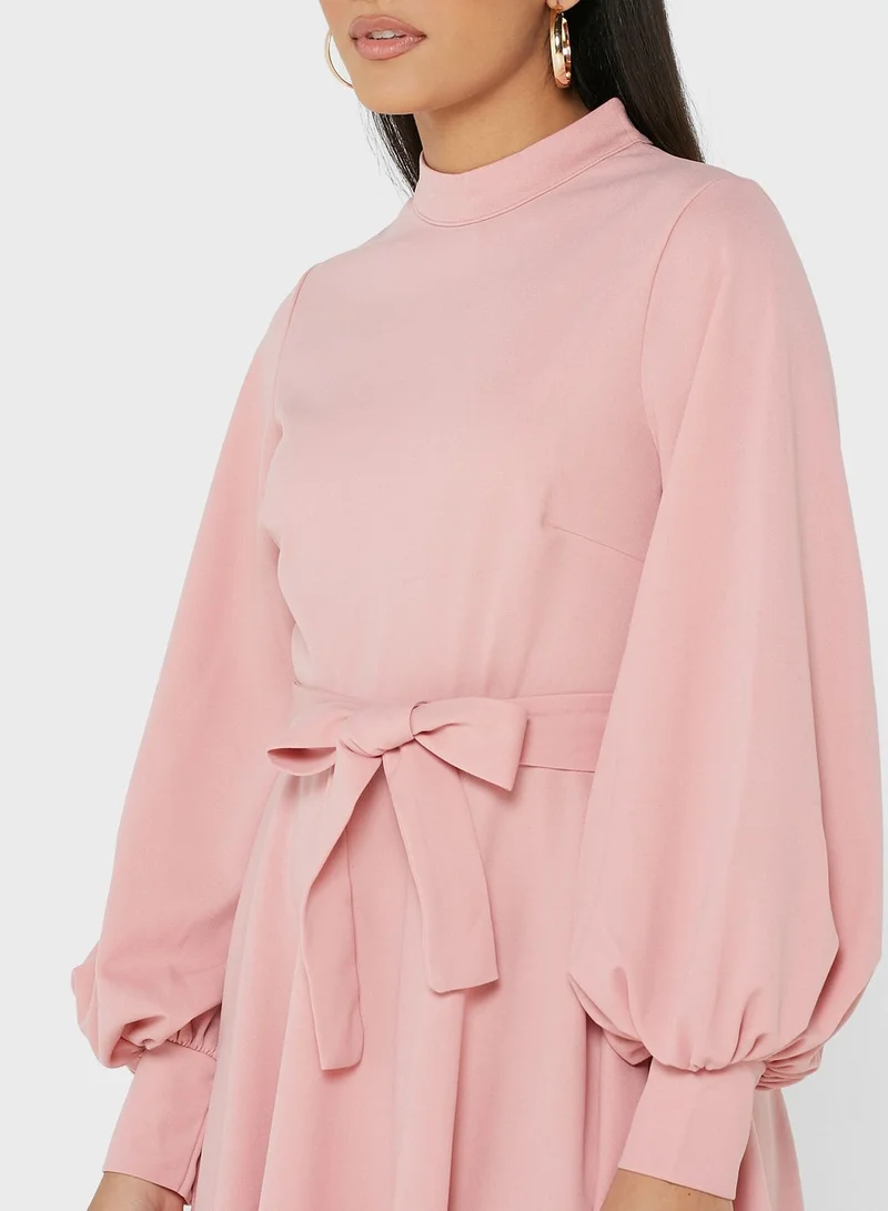 boohoo High Neck Belt Detail Skater Dress