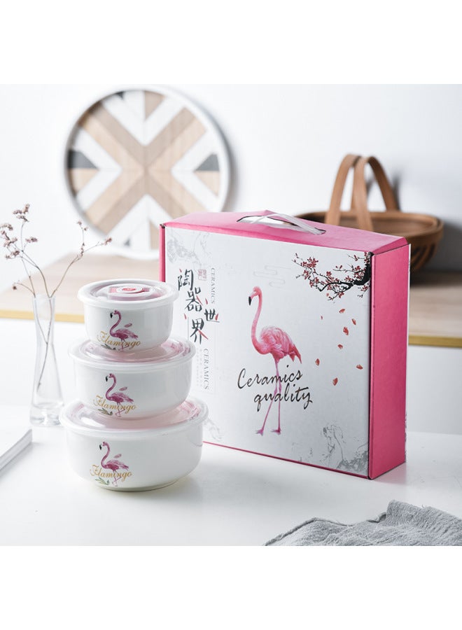 Bear Ceramic Preservation Bowl Three-piece Set Sealed Bowl Gift Bowl Set Gift Microwave Oven Bowl Plus LOGO Preservation-Specifications:Flamingo Set Of Three Fresh-keeping Bowls (20 Sets/box)-Color:4inch 5inch 6inch  - Image 1