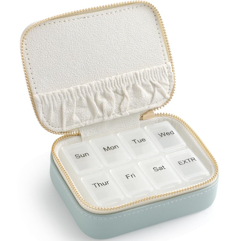 NGVRC Genuine Leather Travel Pill Organizer Box Case 1 Times a Day for Purse for Women, Cute Medicine Pill Holder Containers for Vitamin Small Weekly Daily 7 Day Am Pm Pill Organizer(Cyan) - Image 1