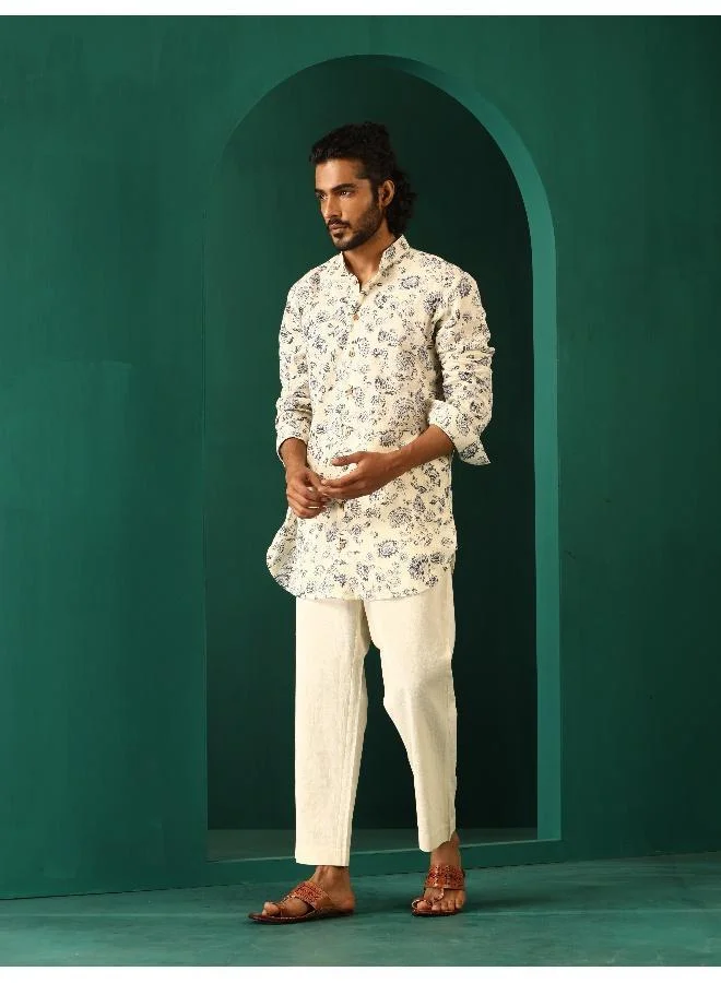 ترو برونز طقم رجالي منقوش بالقطن بلون عاجي وزهور