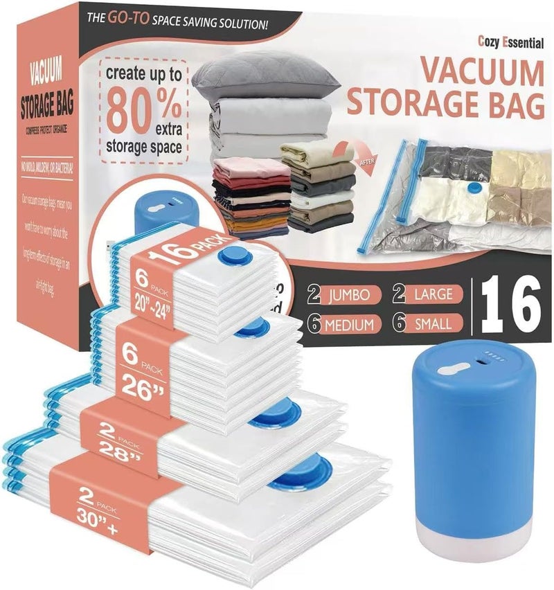 Cozy Essential Travel Vacuum Storage Bags with Rechargeable Cordless USB Pump for Luggage, Suitcase, Carry-on Size Vacuum Seal Compression Space Saver Bags for Clothes and Clothing, 16 Combo - Image 1
