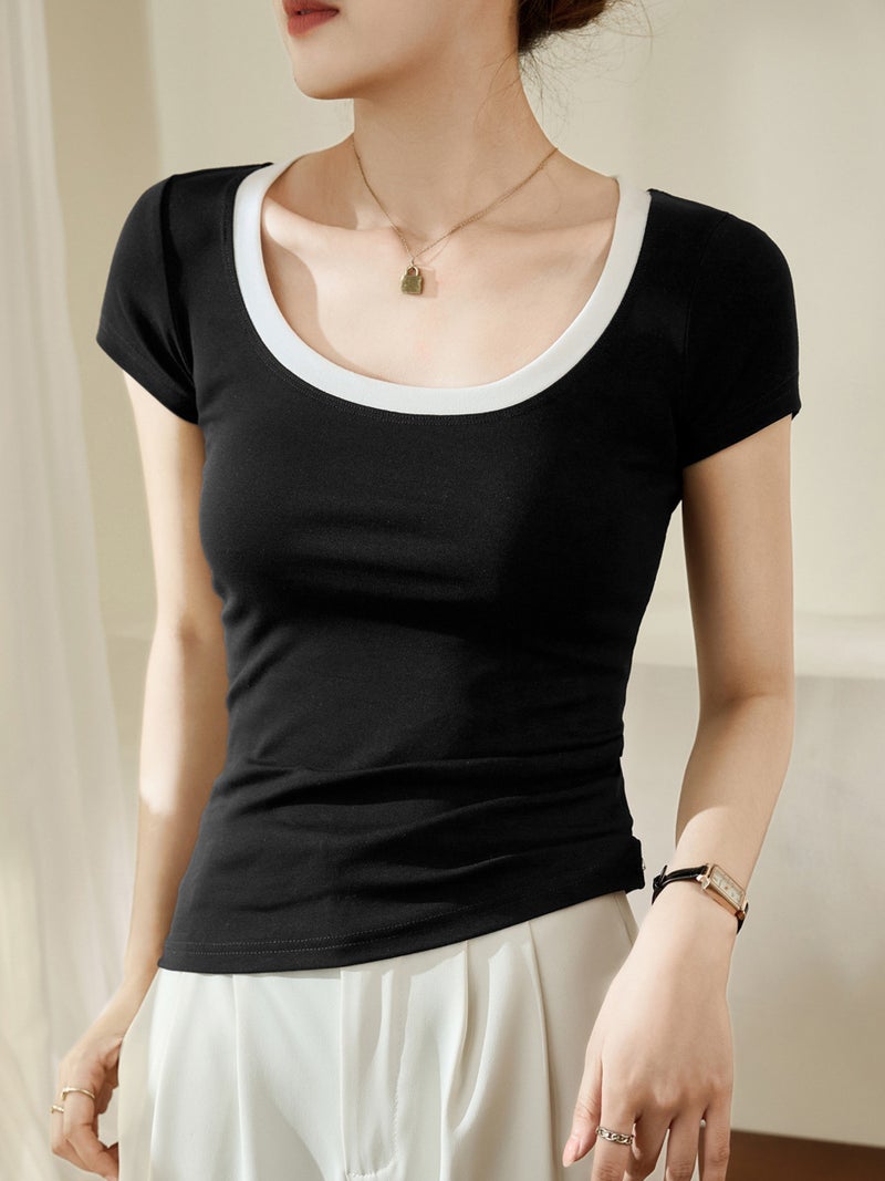 [Good Material] Contrast Color Large U-Collar Cotton T-Shirt Women'S Summer Short-Sleeved Slim Top Base Shirt - Image 4