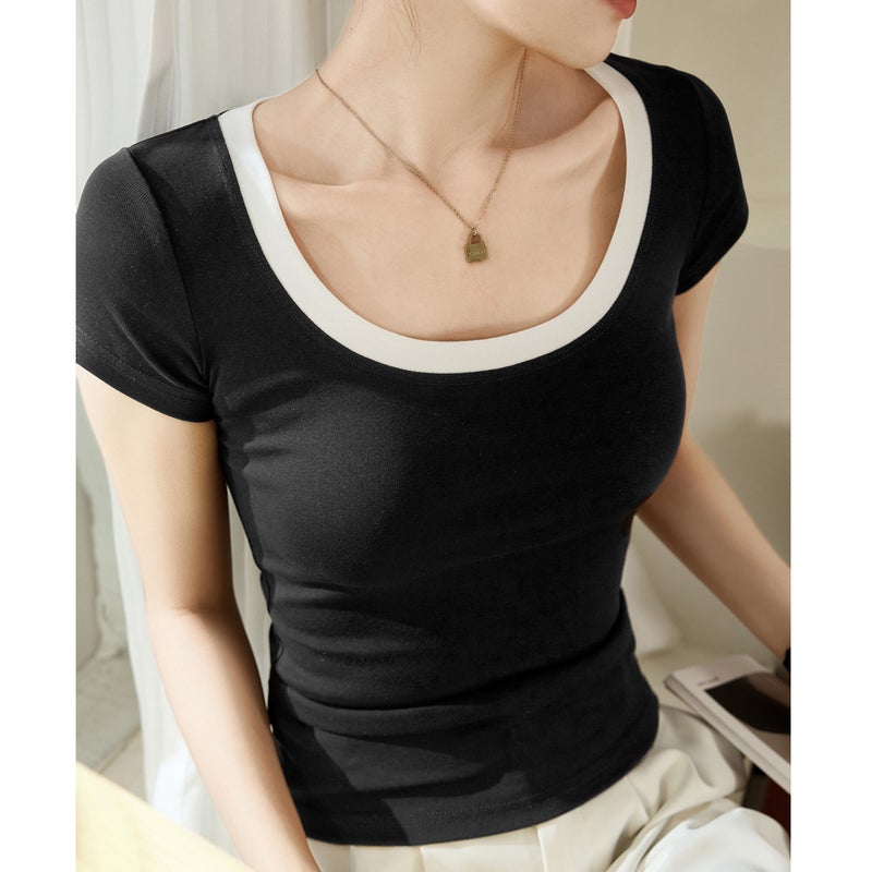 [Good Material] Contrast Color Large U-Collar Cotton T-Shirt Women'S Summer Short-Sleeved Slim Top Base Shirt - Image 1