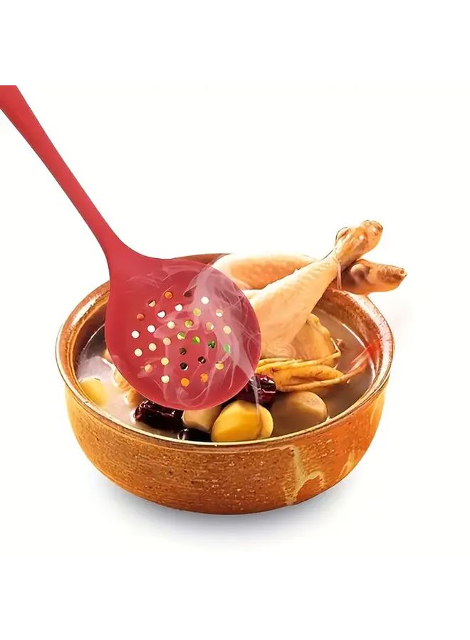 1pc Red Silicone Skimmer Strainer With Long Handle Non Stick Easy Drain Slotted Spoon For Kitchen Cooking Frying - Image 2